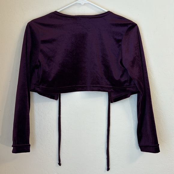 Y2K Purple Velvet long Sleeve Tie Front Shrug Cropped Top - Picture 6 of 6